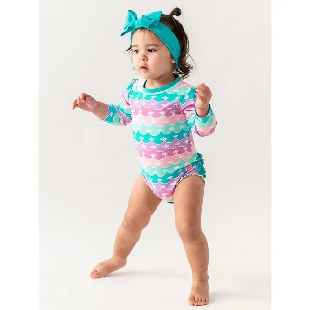 Rufflebutts Long Sleeve One Piece Rash Guard sz 6-12 months Mermaid Print